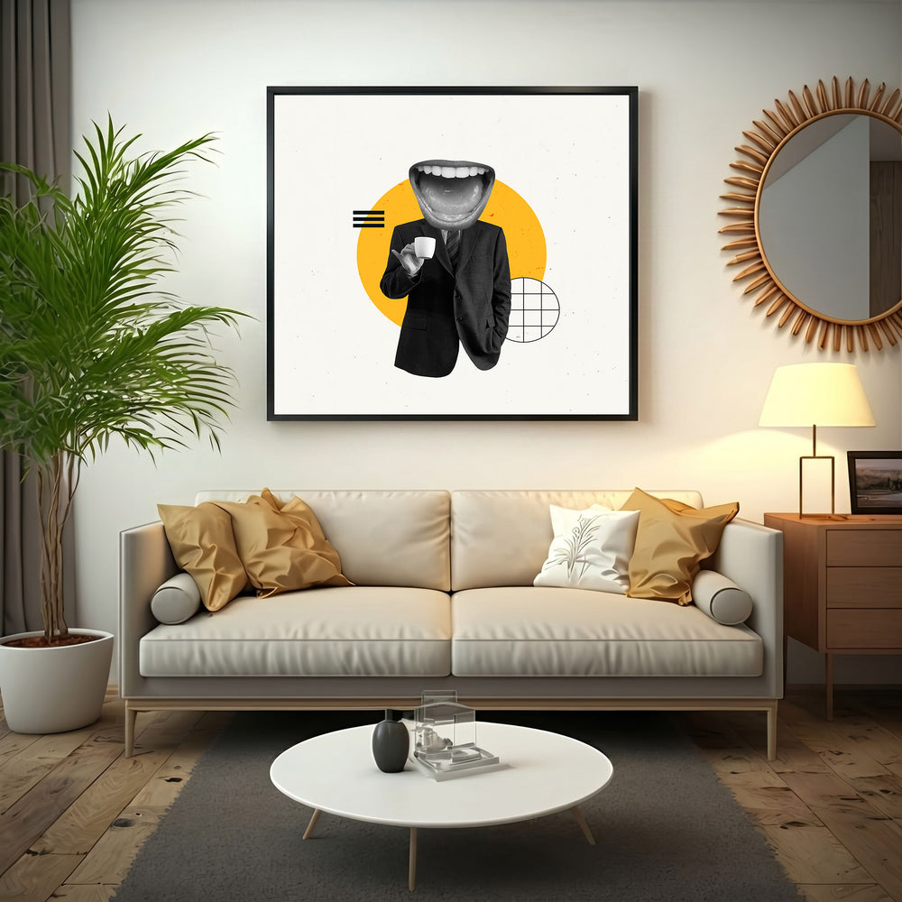 Wadi Home surrealist art print featuring a black and white collage of a figure in a suit with a large open mouth head, yellow circle, and geometric shapes.