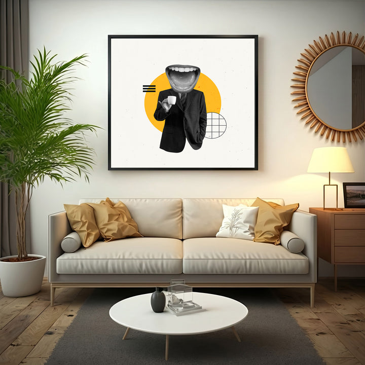 Wadi Home surrealist art print featuring a black and white collage of a figure in a suit with a large open mouth head, yellow circle, and geometric shapes.