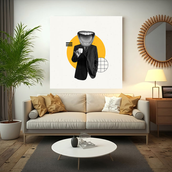 Wadi Home surrealist art print featuring a black and white collage of a figure in a suit with a large open mouth head, holding a coffee cup, against a yellow circle and geometric shapes.
