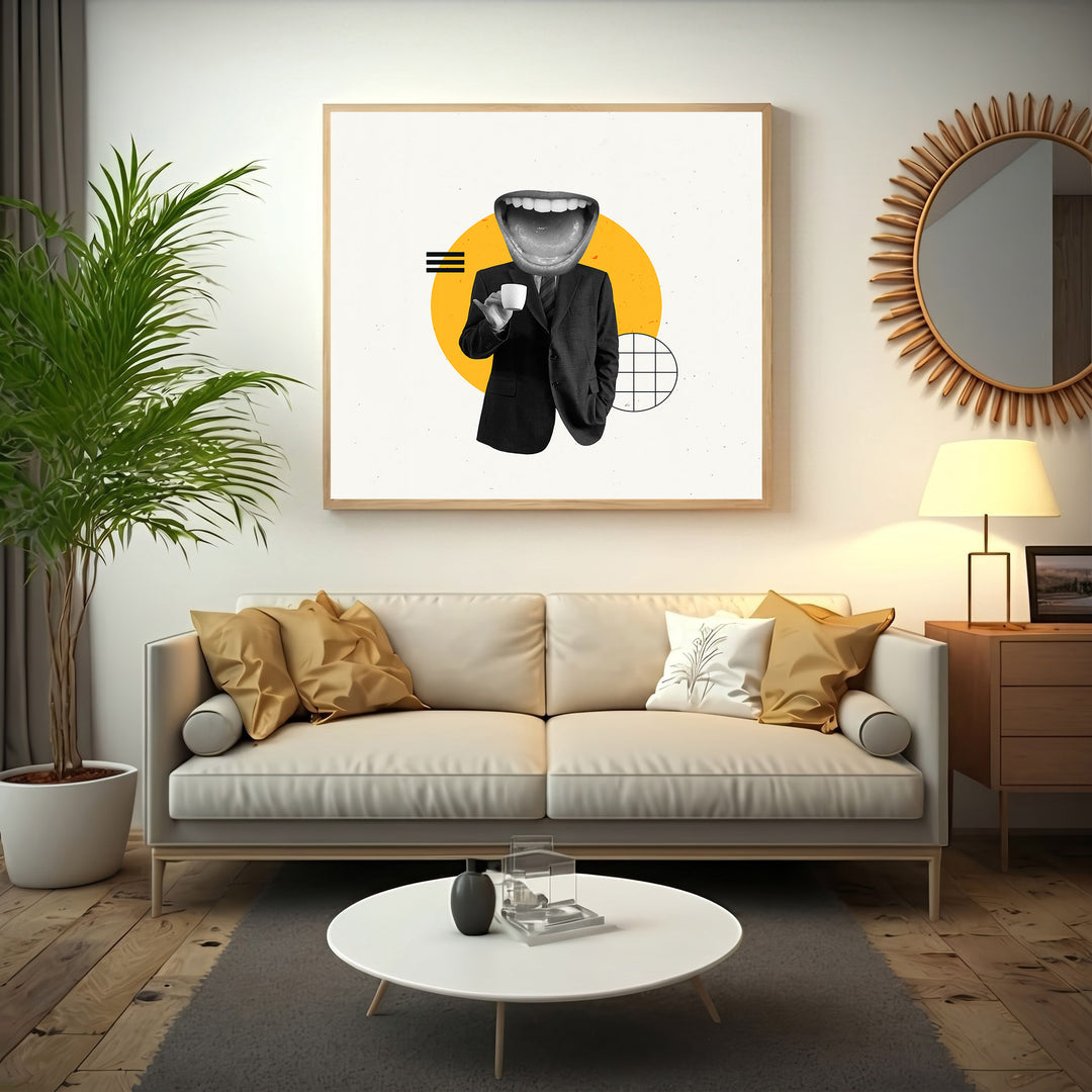 Wadi Home surrealist art print: black and white figure in suit with open mouth head, yellow circle, geometric shapes.
