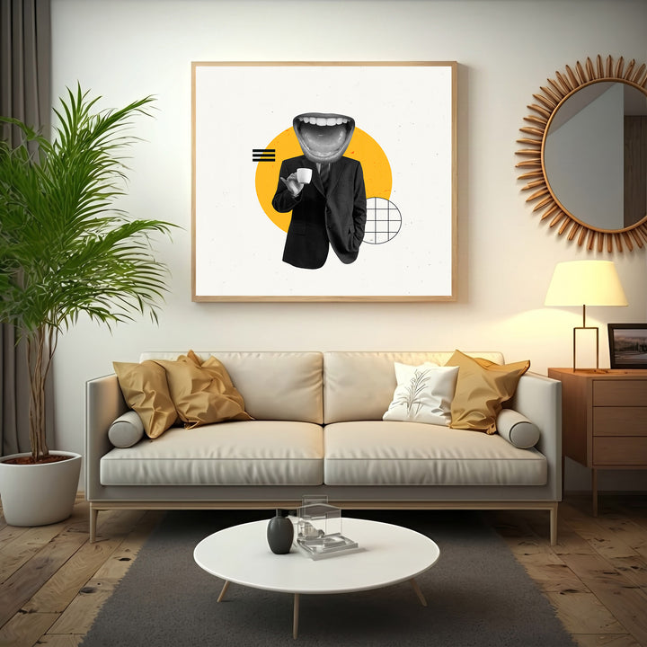 Wadi Home surrealist art print: black and white figure in suit with open mouth head, yellow circle, geometric shapes.