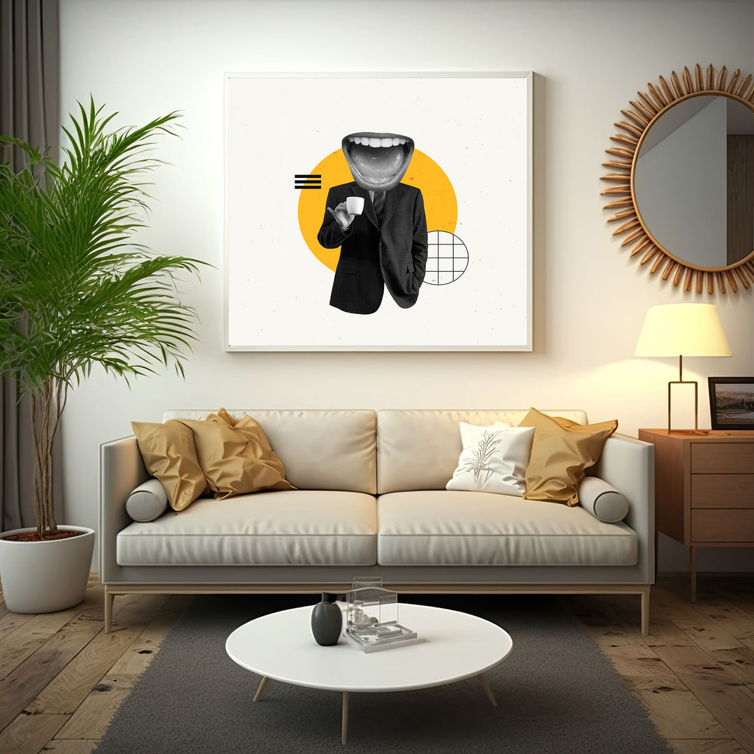 Wadi Home surrealist art print: black and white figure in suit with open mouth head, yellow circle, geometric shapes.