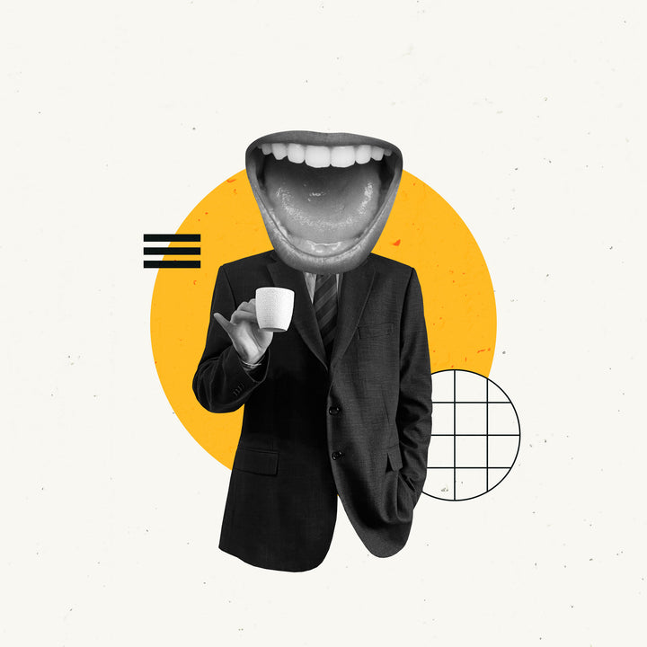 Wadi Home surrealist art print featuring a black and white collage of a figure in a suit with a large open mouth head, holding a coffee cup, against a yellow circle and geometric shapes.