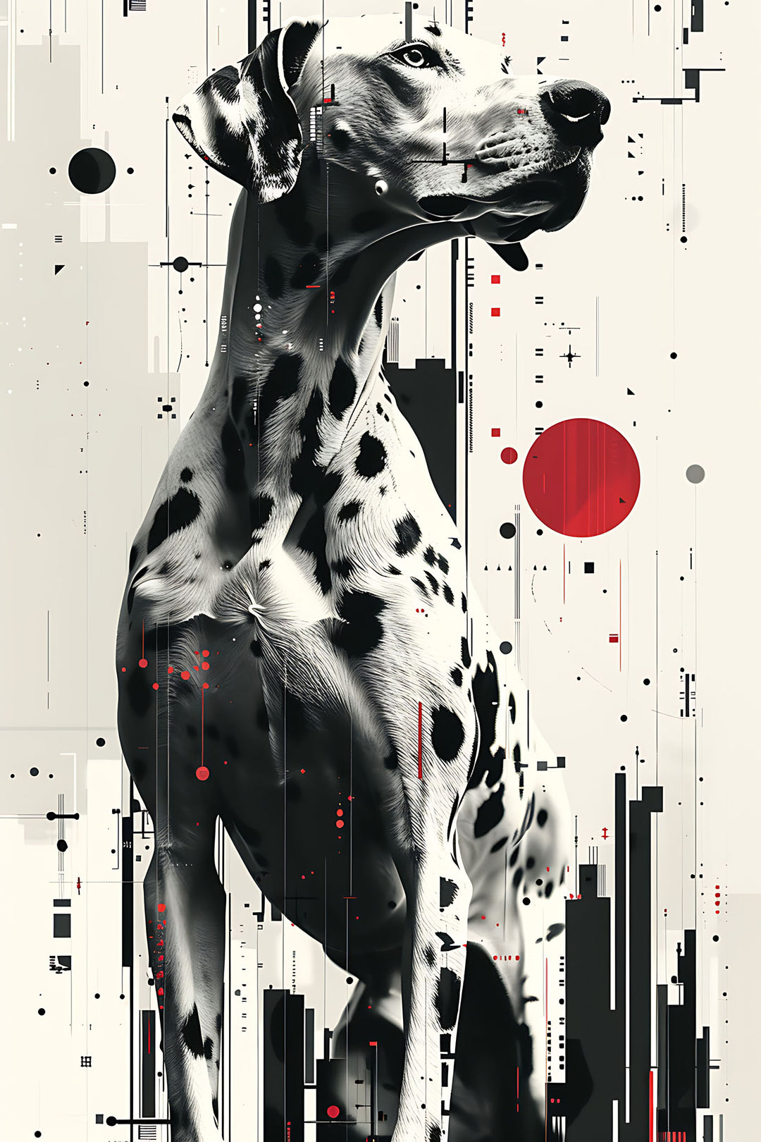 Wadi Home Dalmatian abstract art print with monochrome palette and red accents. Features a graphic Dalmatian against abstract shapes and cityscapes.