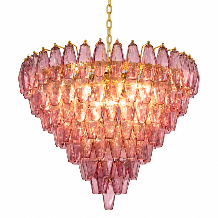 Elegant pink crystal chandelier with layered faceted glass pieces and a gold-tone frame