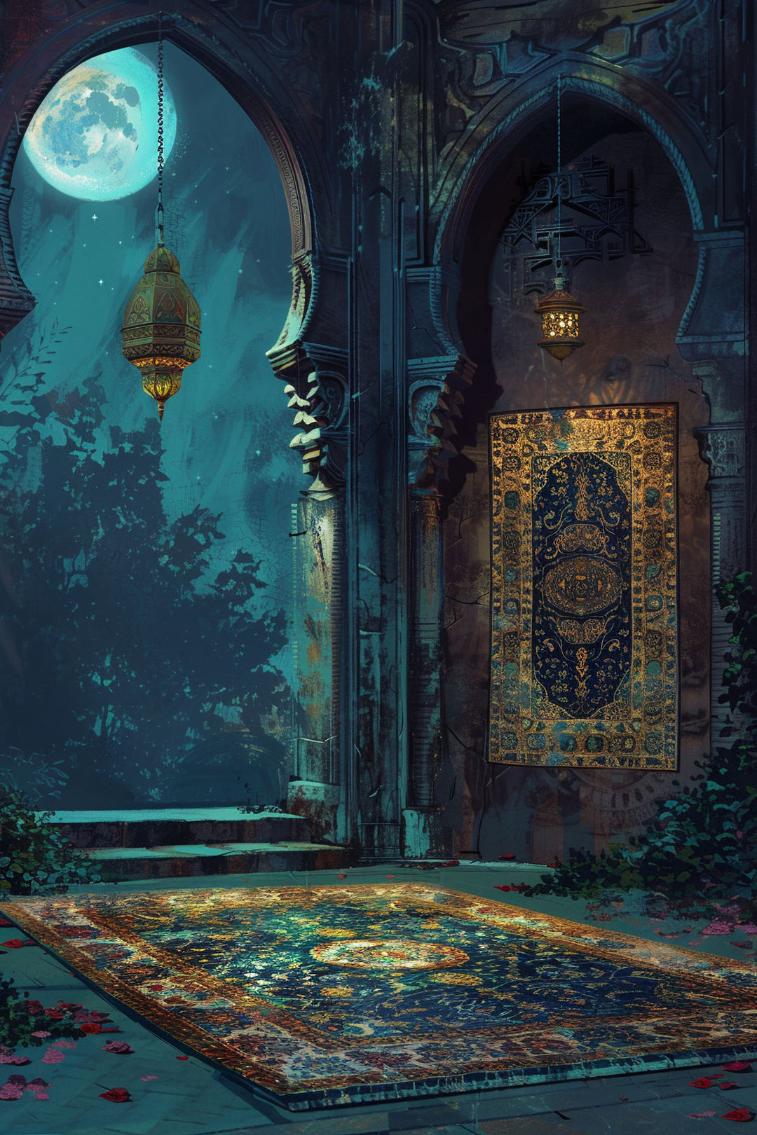Wadi Home Mystical Moonlight Courtyard Wall Art featuring a serene courtyard scene under a full moon with intricate architectural details and a richly patterned rug.