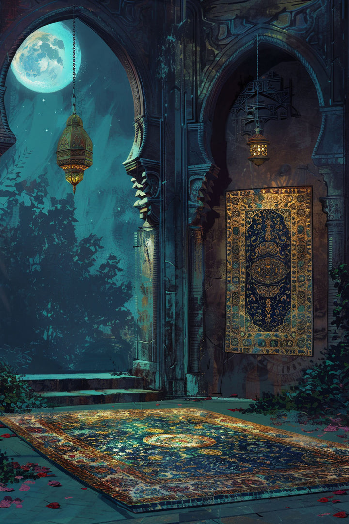Wadi Home Mystical Moonlight Courtyard Wall Art featuring a serene courtyard scene under a full moon with intricate architectural details and a richly patterned rug.