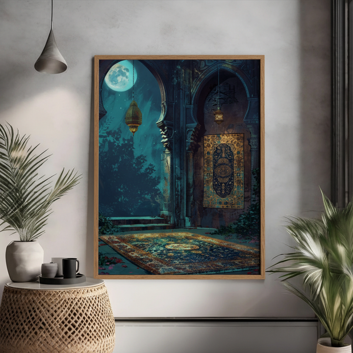 Islamic arch with lanterns and moonlit scene detailed wall art