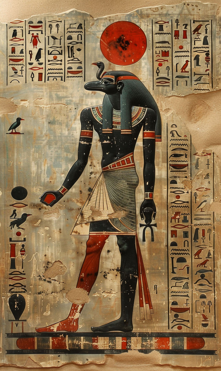 Wadi Home Ancient Egyptian Hieroglyphic Wall Art featuring a deity with a sun disk and hieroglyphs. Vintage aesthetic.