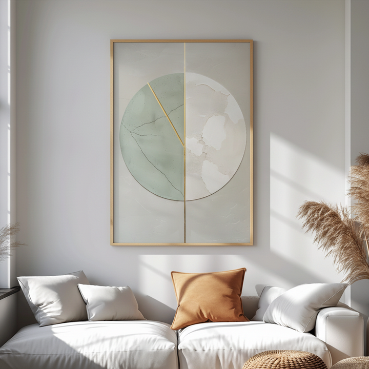 Minimal geometric circle with gold lines and neutral tones wall art