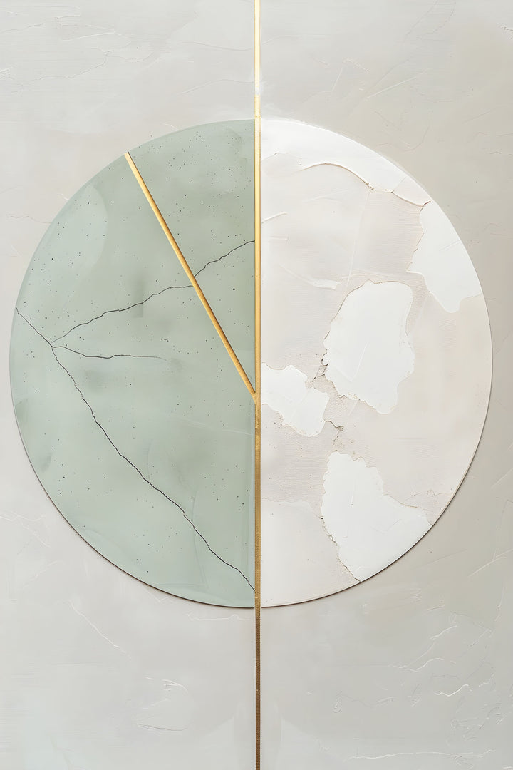 Wadi Home abstract circle canvas art with sage green, beige, and gold details, framed and hung above a sofa.