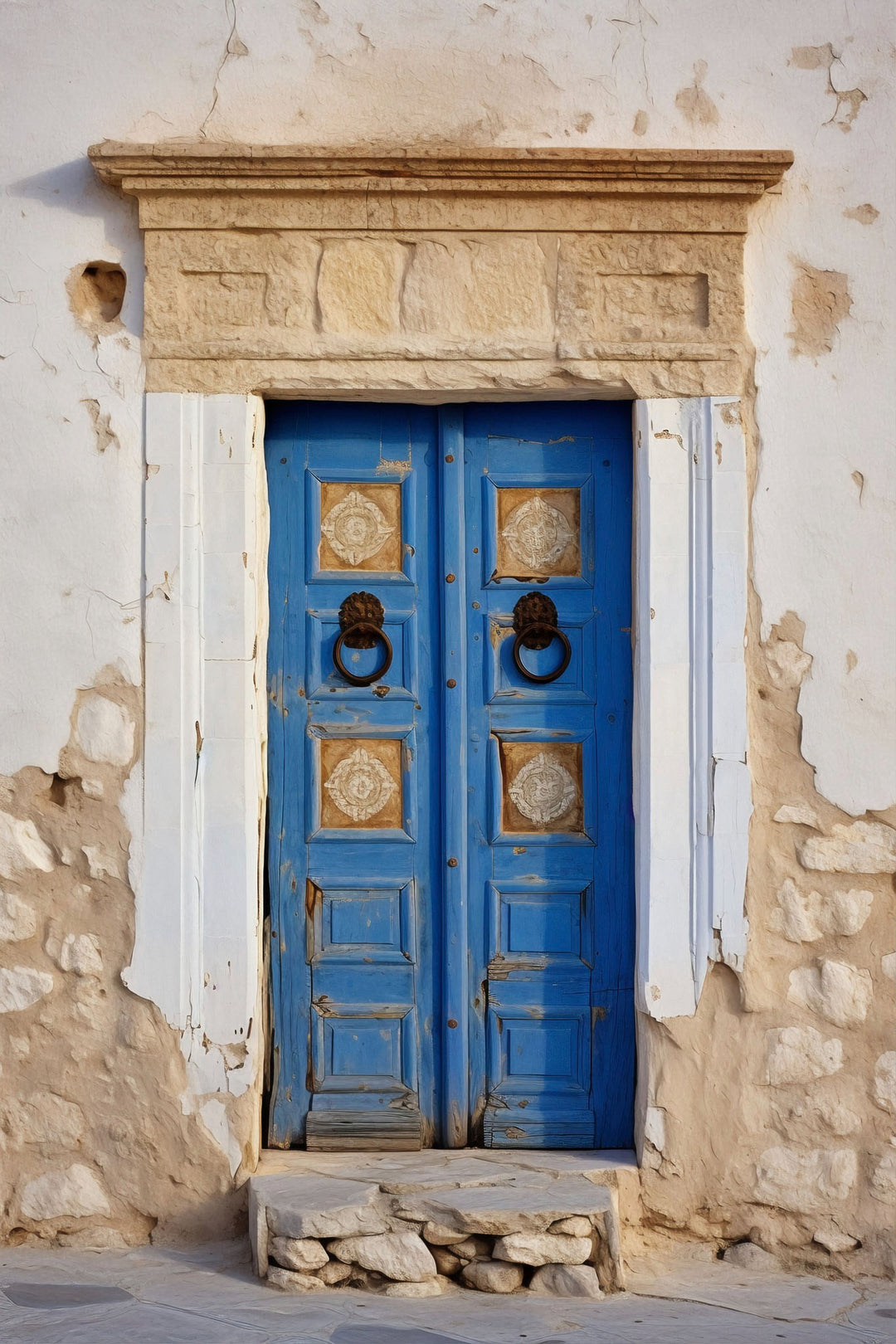 Wadi Home rustic blue doorway wall art with weathered blue double doors and stone facade.