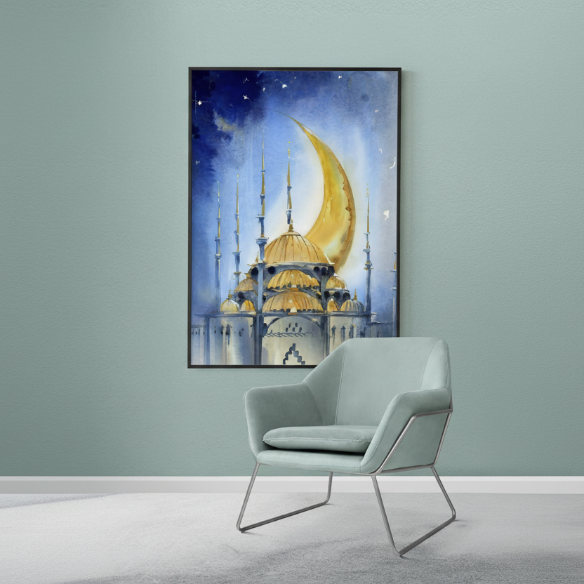 Golden Crescent Mosque Night Art