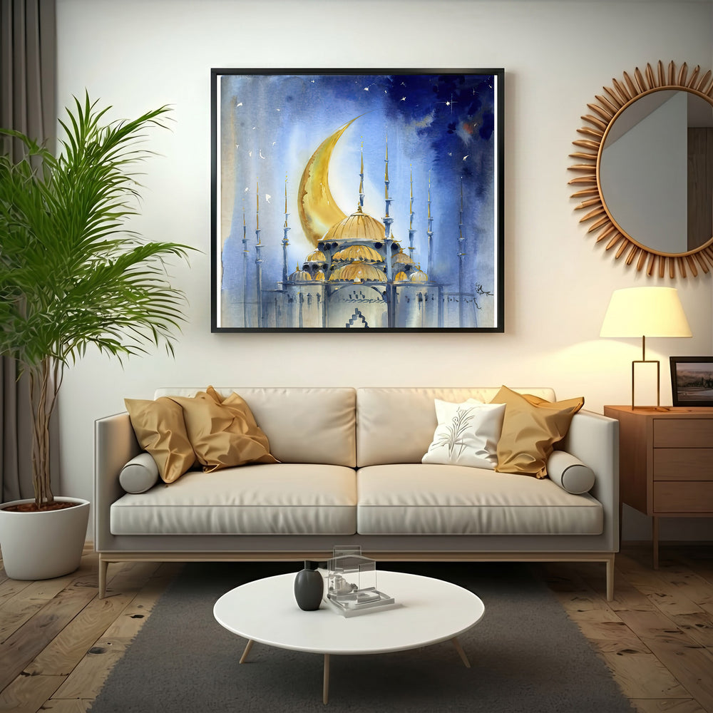 Wadi Home mosque under crescent moon watercolor wall art. Golden domes and minarets against a starry blue night sky.
