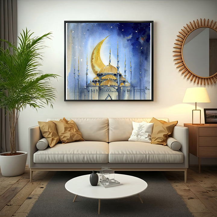 Wadi Home mosque under crescent moon watercolor wall art. Golden domes and minarets against a starry blue night sky.