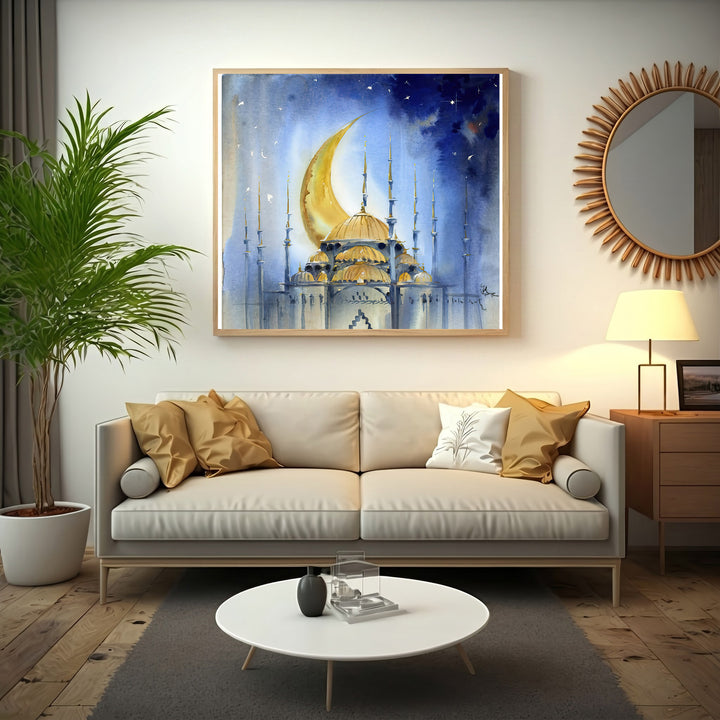 Wadi Home mosque under crescent moon watercolor wall art with golden domes and blue starry night sky.