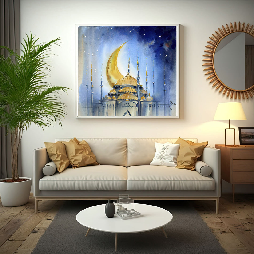 Wadi Home Islamic wall art featuring a mosque under a golden crescent moon against a starry night sky. Watercolor style.
