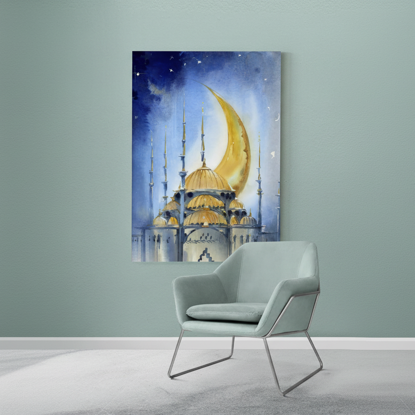 Golden Crescent Mosque Night Art