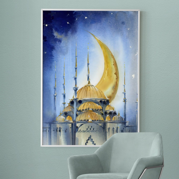 Golden Crescent Mosque Night Art
