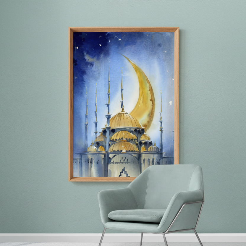 Mosque with golden crescent moon and night sky watercolor wall art