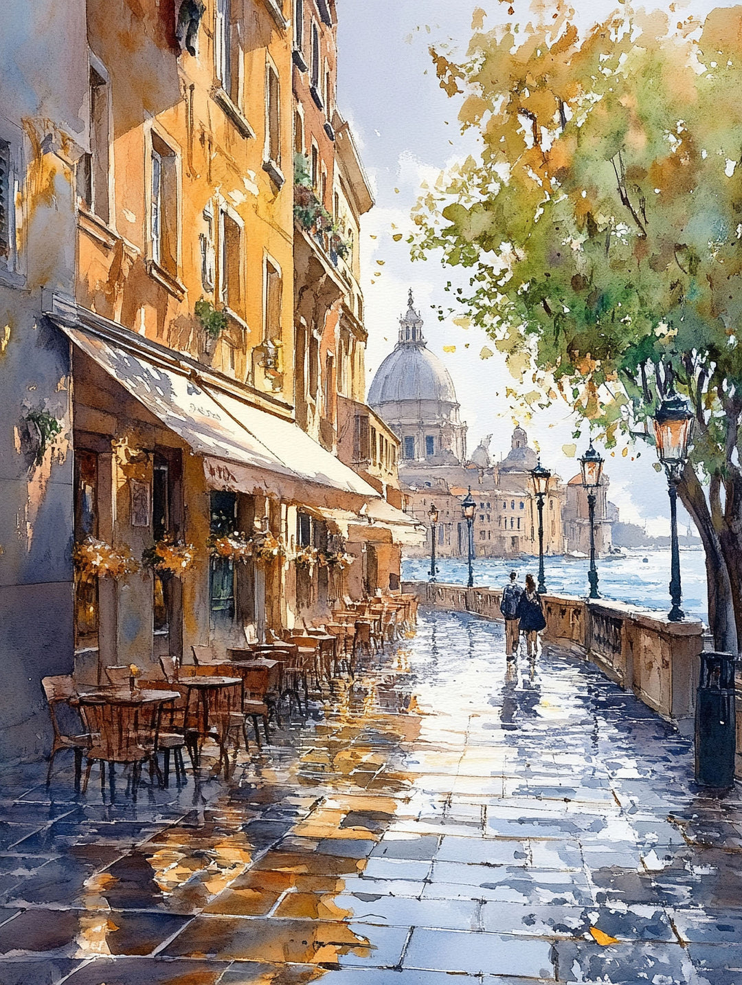 Wadi Home European city street scene watercolor painting with cafe and cobblestones. Warm hues and soft brushstrokes.