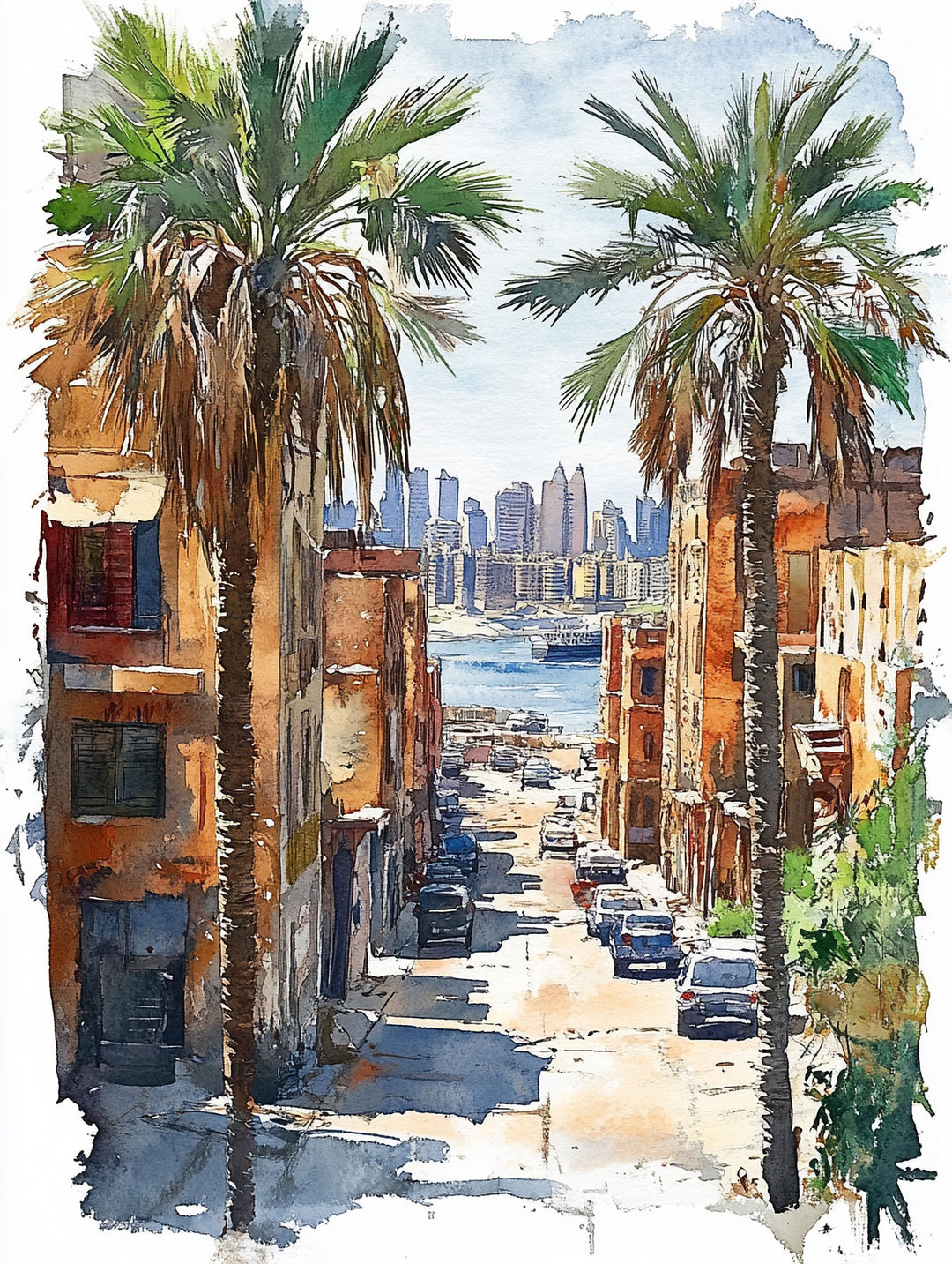 Wadi Home watercolor art of a city street with palm trees and buildings, depicting a coastal cityscape.