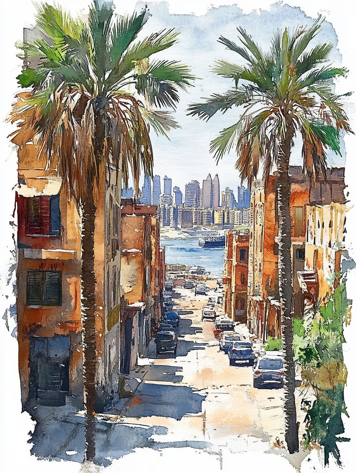 Wadi Home watercolor art of a city street with palm trees and buildings, depicting a coastal cityscape.
