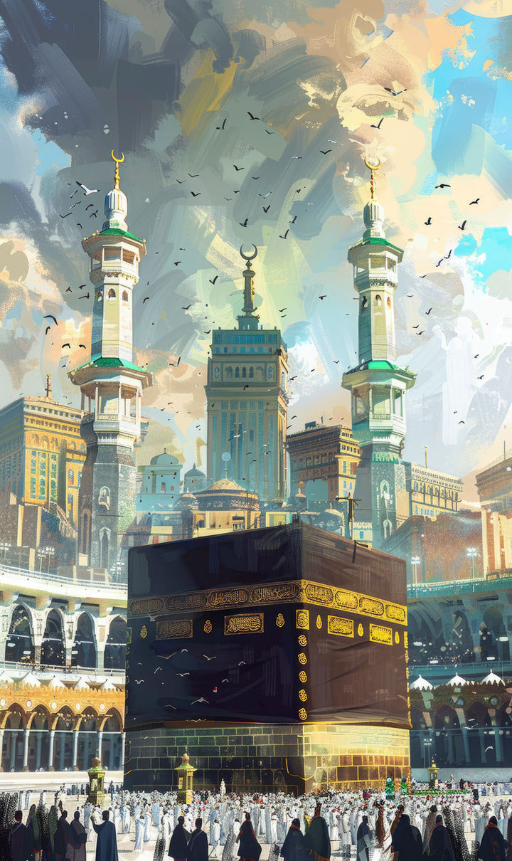 Wadi Home Islamic Kaaba painting depicts the holy Kaaba in Mecca with vibrant skies and a crowd of worshippers. Artwork captures faith and devotion.