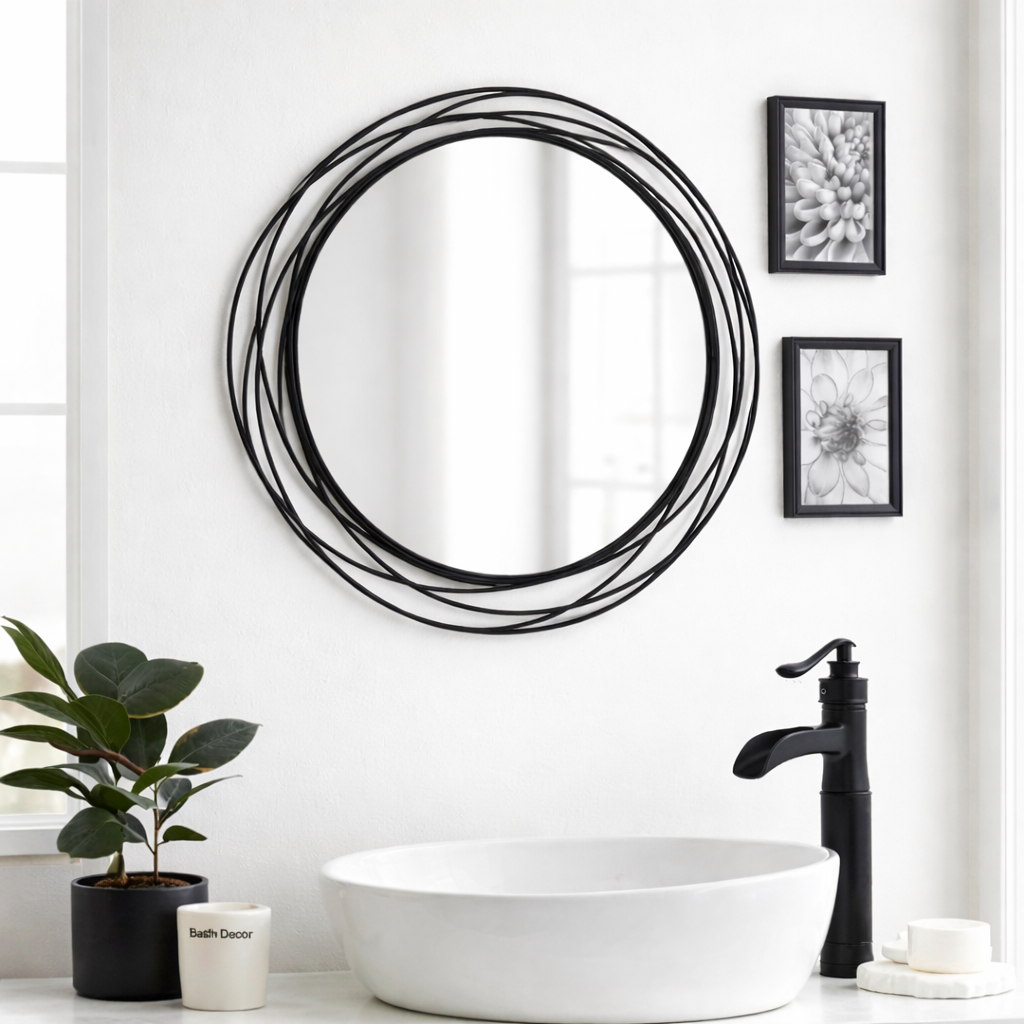 ORBIT modern round mirror with minimalist black wire frame for bathrooms and entryways