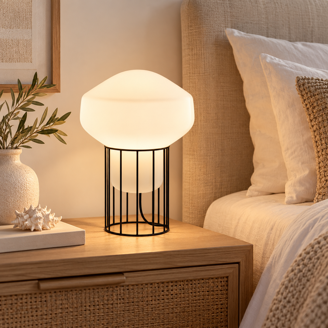 Modern White Globe Table Lamp with Black Metal Cage Base