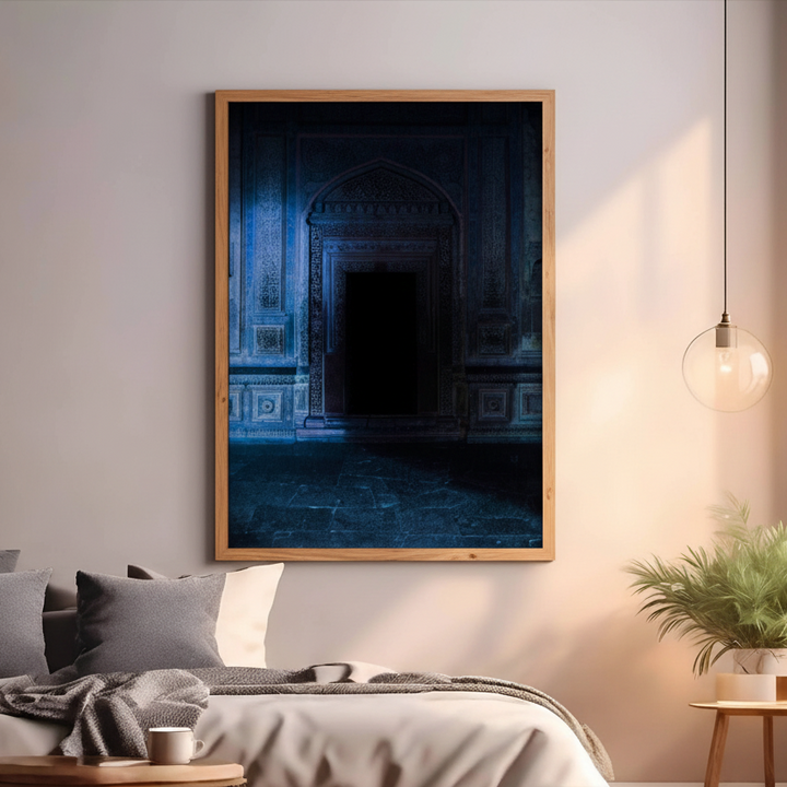 Dark blue ornate archway interior with moody lighting wall art