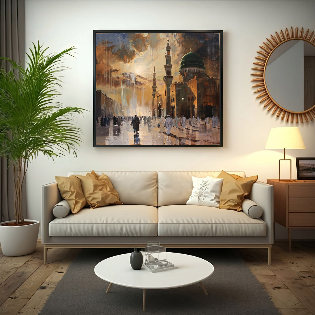 Wadi Home Islamic Mosque Landscape Wall Art, vibrant mosque at sunset with worshippers, warm golden light, intricate architecture, rich colors.