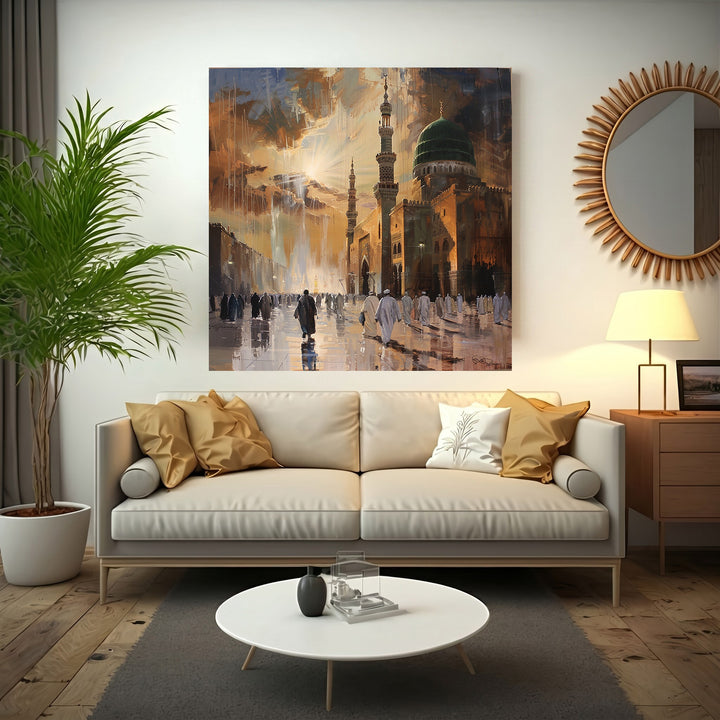Wadi Home Islamic Mosque Landscape Wall Art painting with worshippers at sunset, featuring a green dome and intricate architecture.
