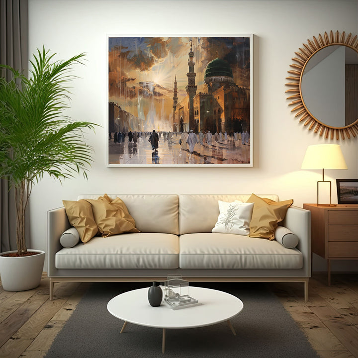 Wadi Home Islamic Mosque Landscape Wall Art, vibrant mosque at sunset with golden light, worshippers, intricate architecture, warm colors.