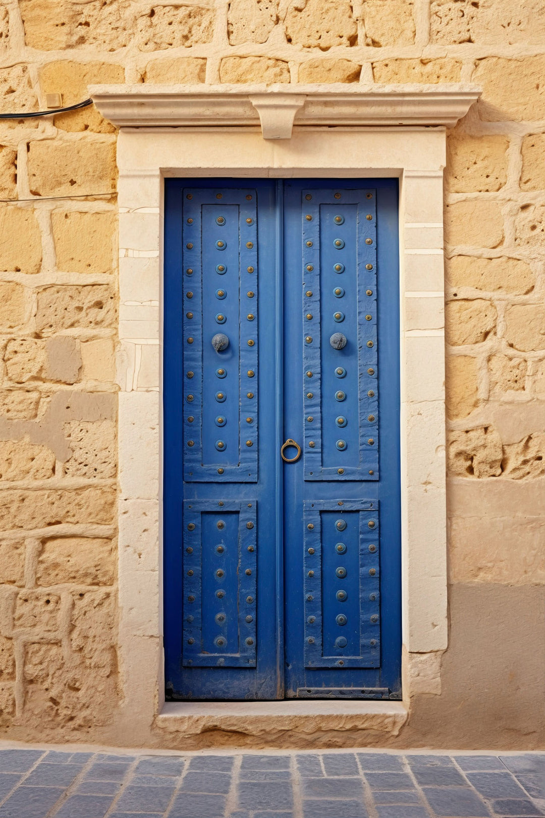 Wadi Home Mediterranean blue door wall art with rustic stone wall and decorative hardware.