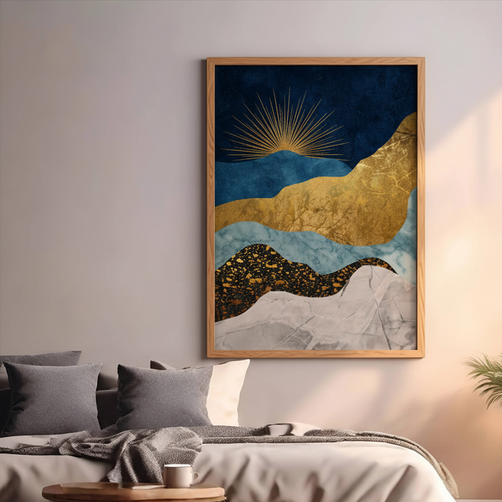 Abstract wall art with gold layers, blue tones and textured design
