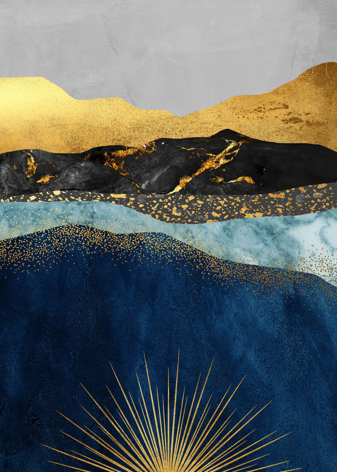 Wadi Home abstract mountain landscape wall art with deep blues, gold, and grays. Features a sunburst design.