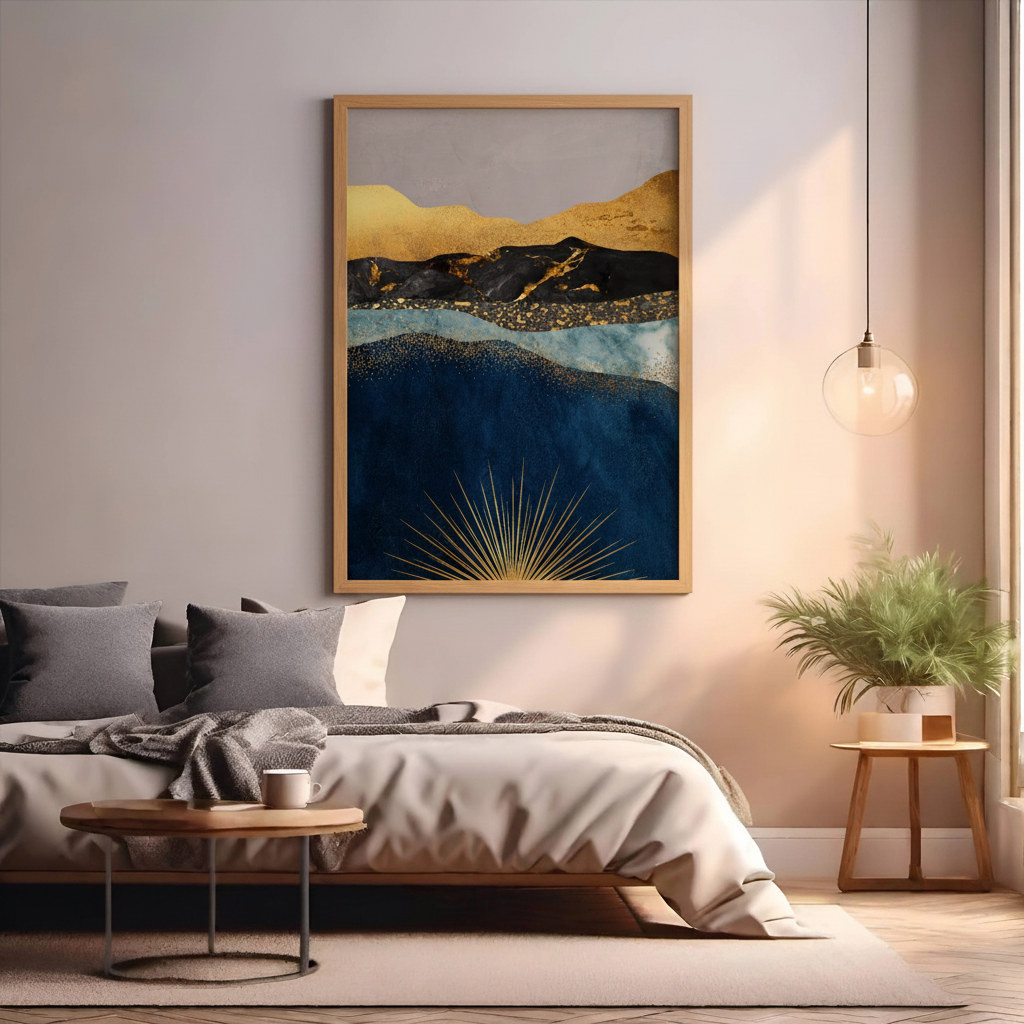 Abstract wall art with gold textures, blue layers and sunburst design