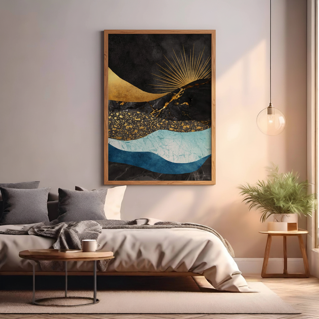 Abstract wall art with gold waves and blue textured layers in modern style