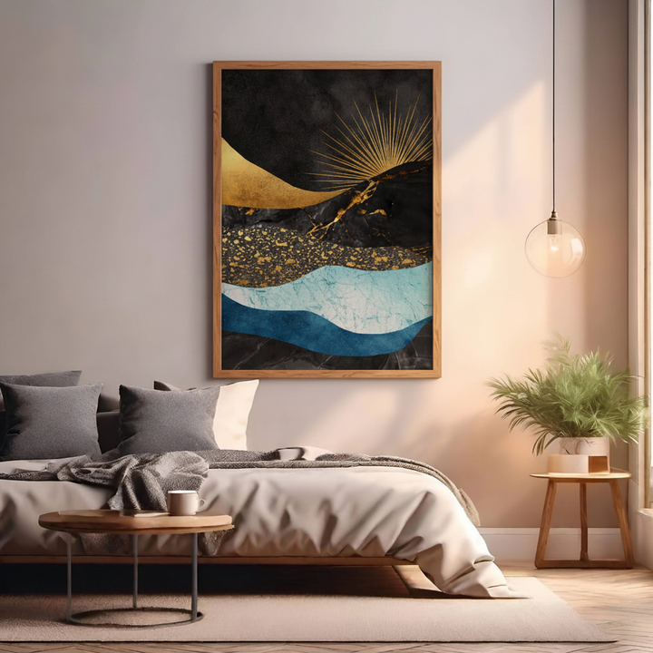 Abstract wall art with gold waves and blue textured layers in modern style