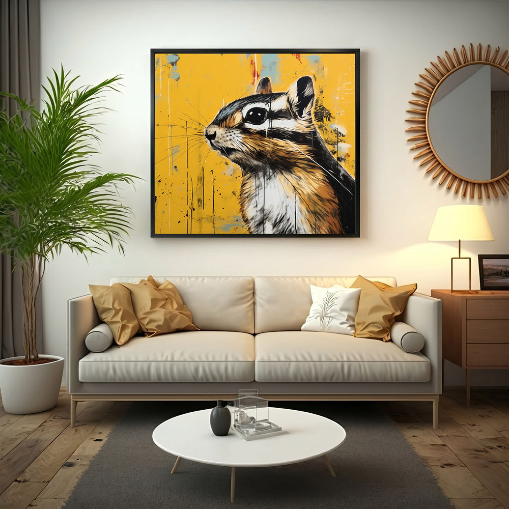 Wadi Home chipmunk portrait wall art with detailed illustration on vibrant yellow textured background.