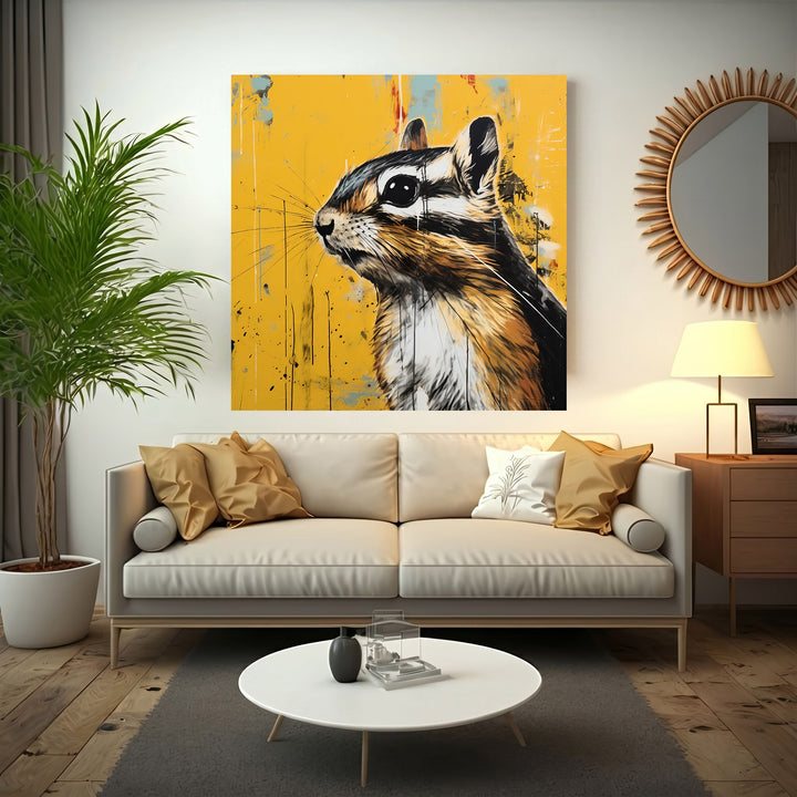 Wadi Home chipmunk portrait wall art with textured yellow background, featuring detailed illustration and dynamic composition.