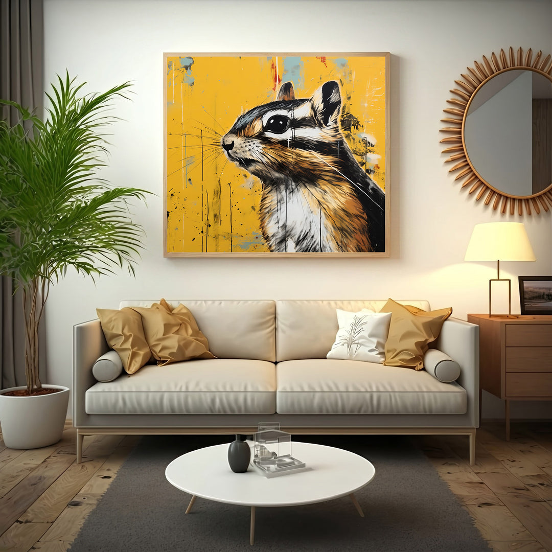 Wadi Home chipmunk portrait wall art with detailed illustration on vibrant yellow textured background.