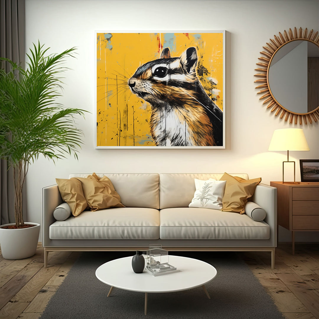 Wadi Home chipmunk portrait wall art with detailed illustration on vibrant yellow textured background.