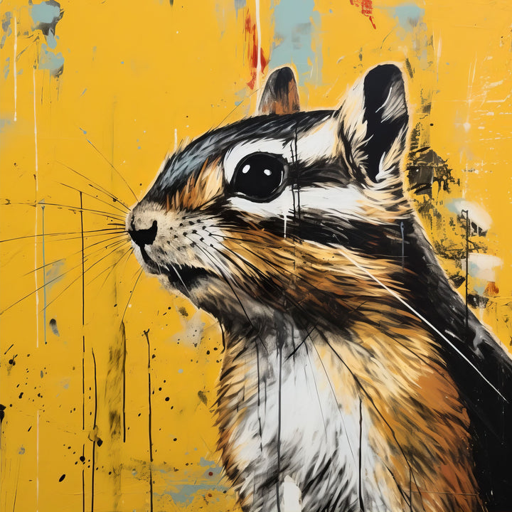 Wadi Home chipmunk portrait wall art with textured yellow background, featuring detailed illustration and dynamic composition.