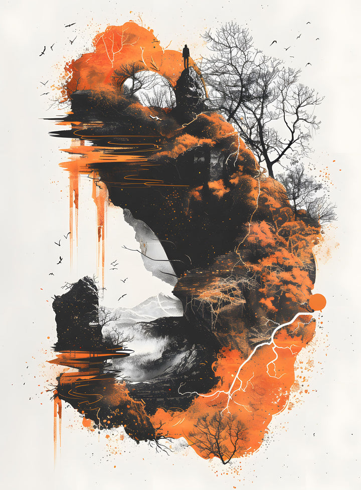 Wadi Home abstract mountain landscape wall art with fiery orange, black, and white abstract forms and textured brushstrokes.