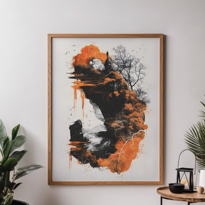Abstract silhouette with trees and orange accents in modern artistic style