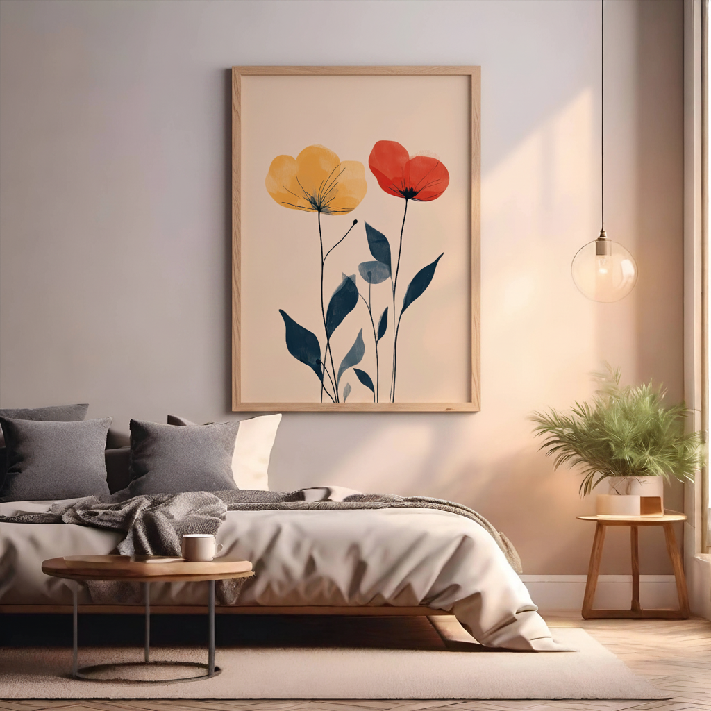 Minimalist painting of two flowers in yellow and red with simple leaves