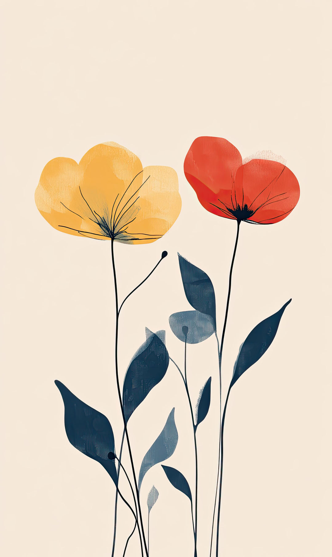 Wadi Home abstract floral wall art with yellow and red flowers and blue leaves on a cream background.
