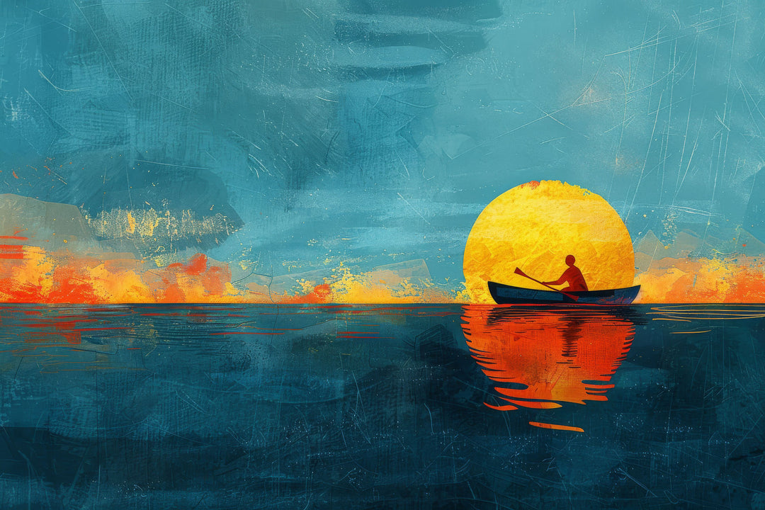 Wadi Home canvas wall art depicting a lone figure in a boat silhouetted against a large yellow sun over a dark blue ocean.